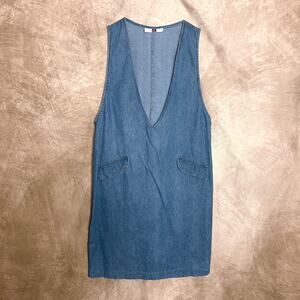 Vintage 90s Jennifer Morgan Denim Dress Sleeveless Deep V Neck Midi Shift School